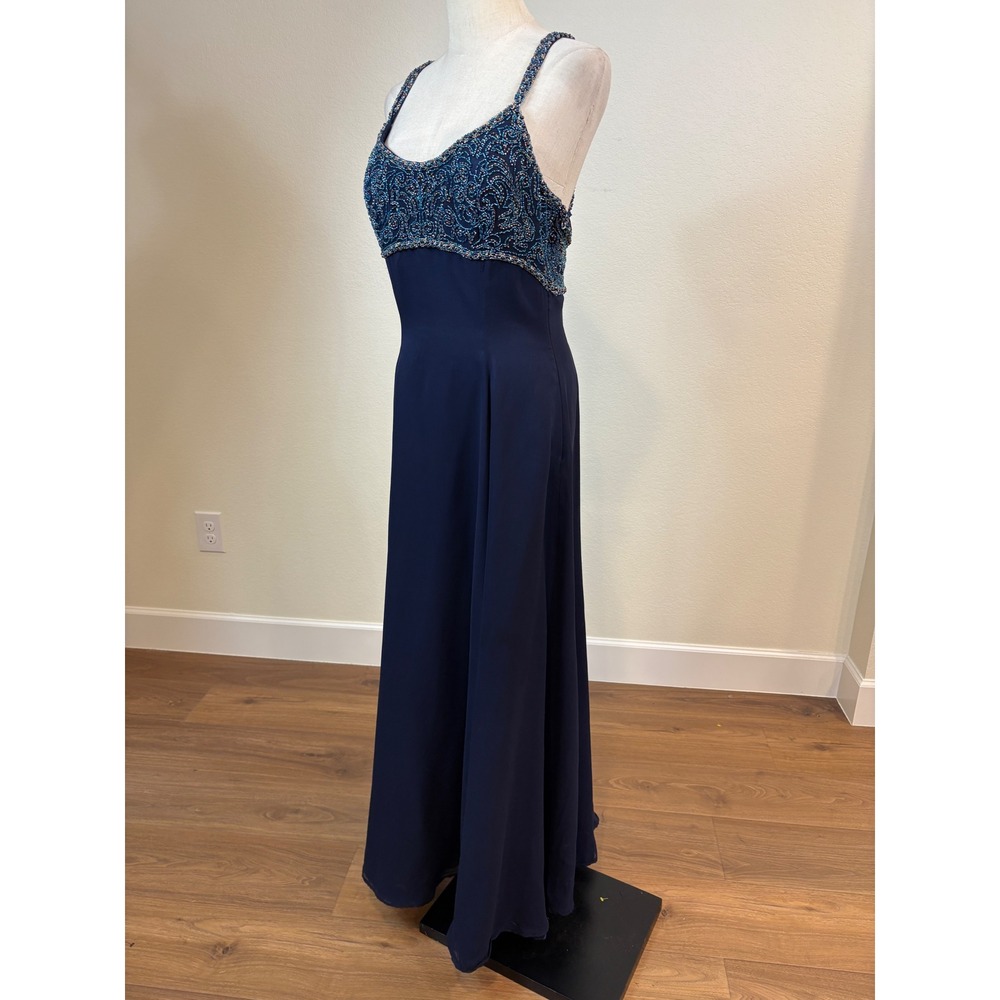 Vtg Fleur De Lis Silk Maxi Dress 12 Navy Blue Beaded Formal Gown Whimsy Ethereal - Picture 3 of 10